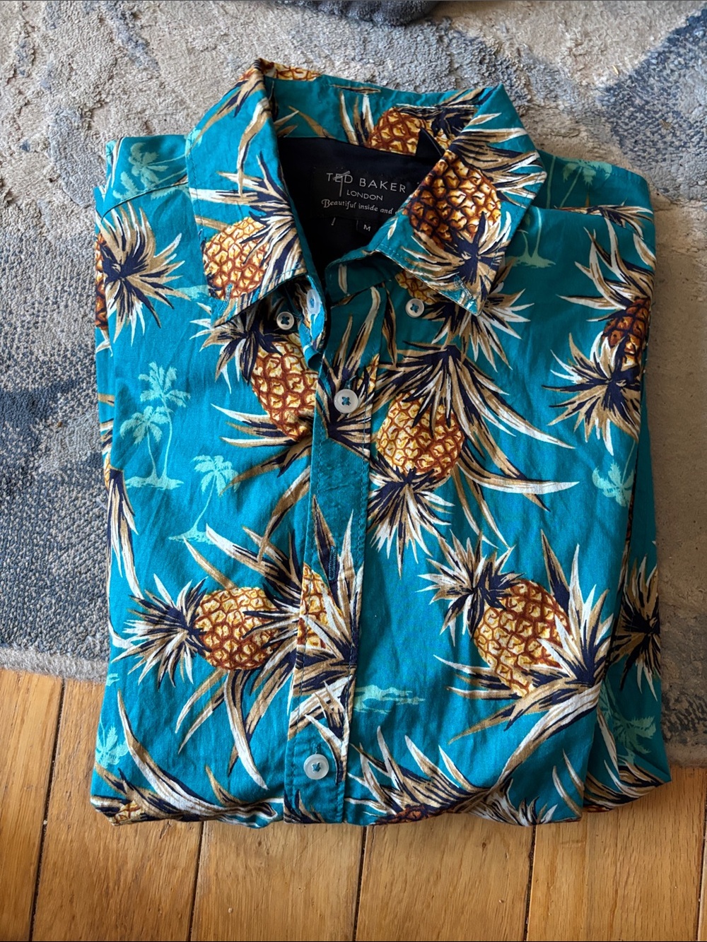 Ted Baker Teal Pineapple-Print Casual Button-Down Shirt pit- pit 18 inches